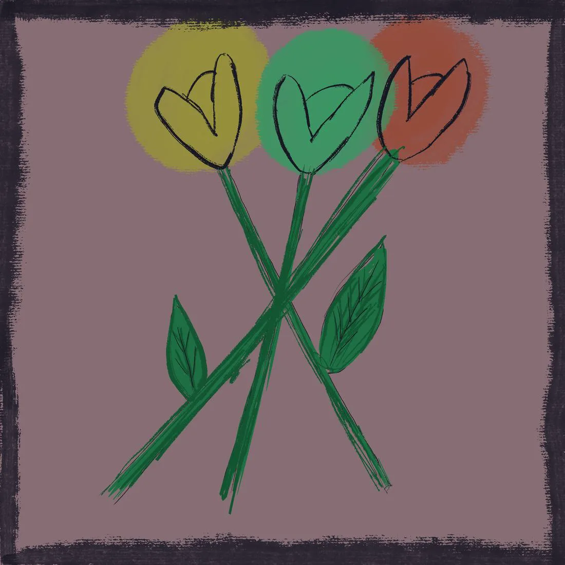 Three tulips in yellow, green and orange with crossed green stems