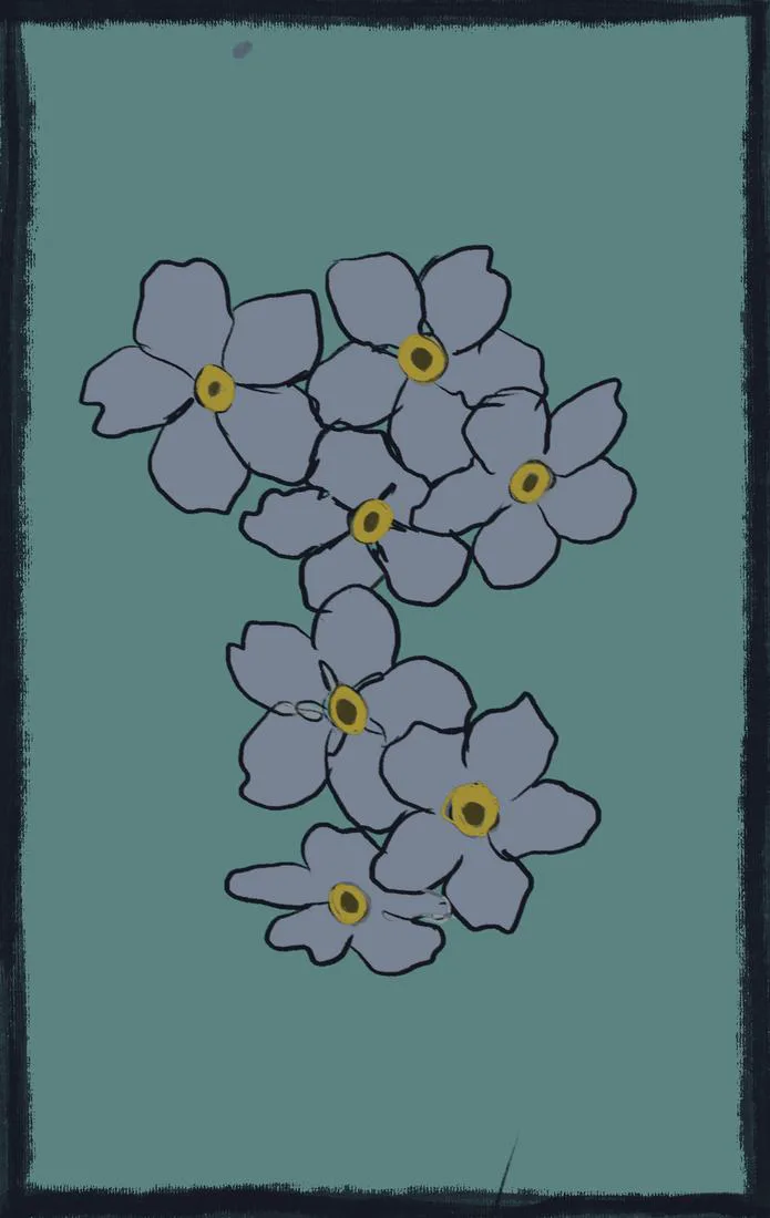 A cluster of pale blue forget-me-nots with yellow centres on teal