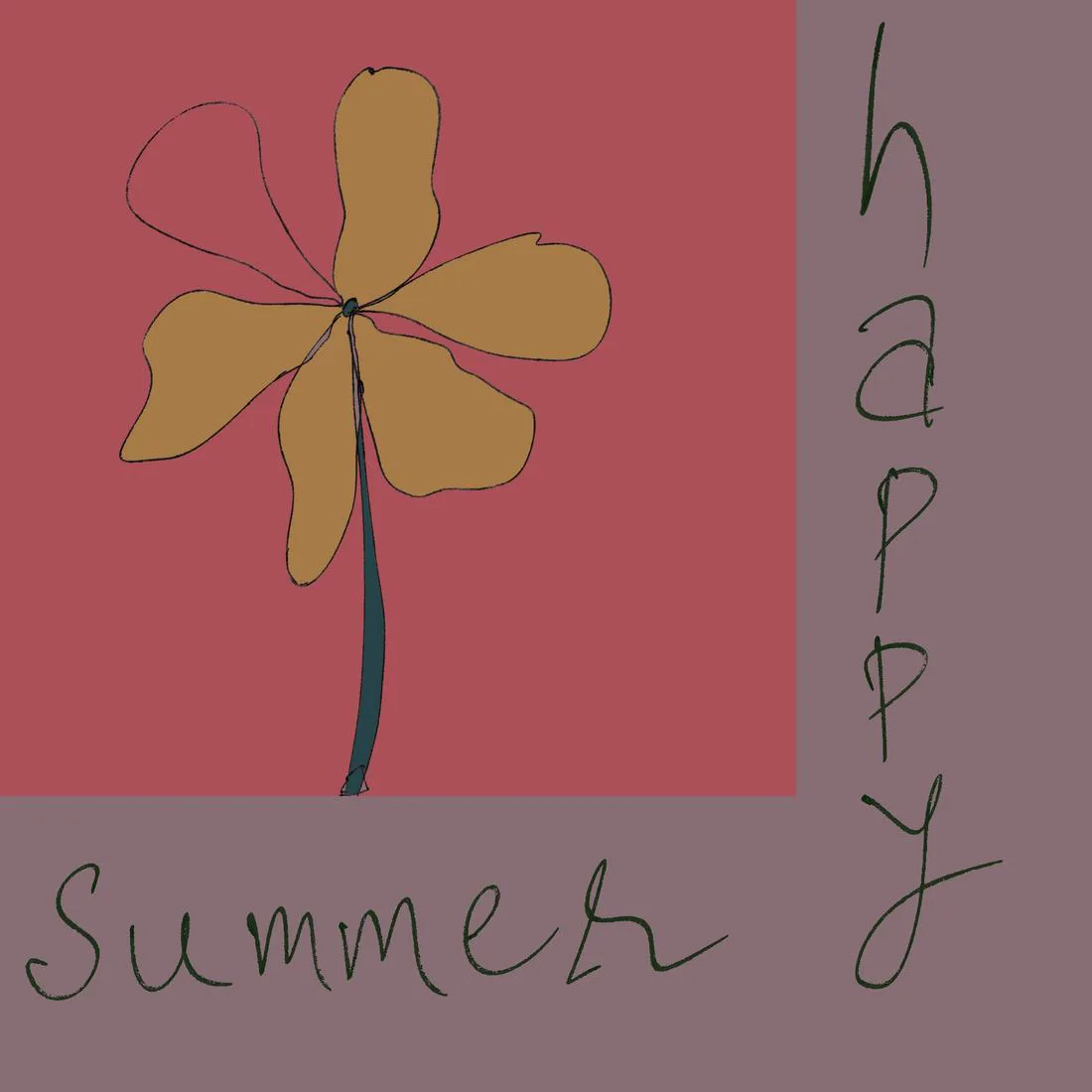 A yellow flower on a coral pink ground, lettered happy summer