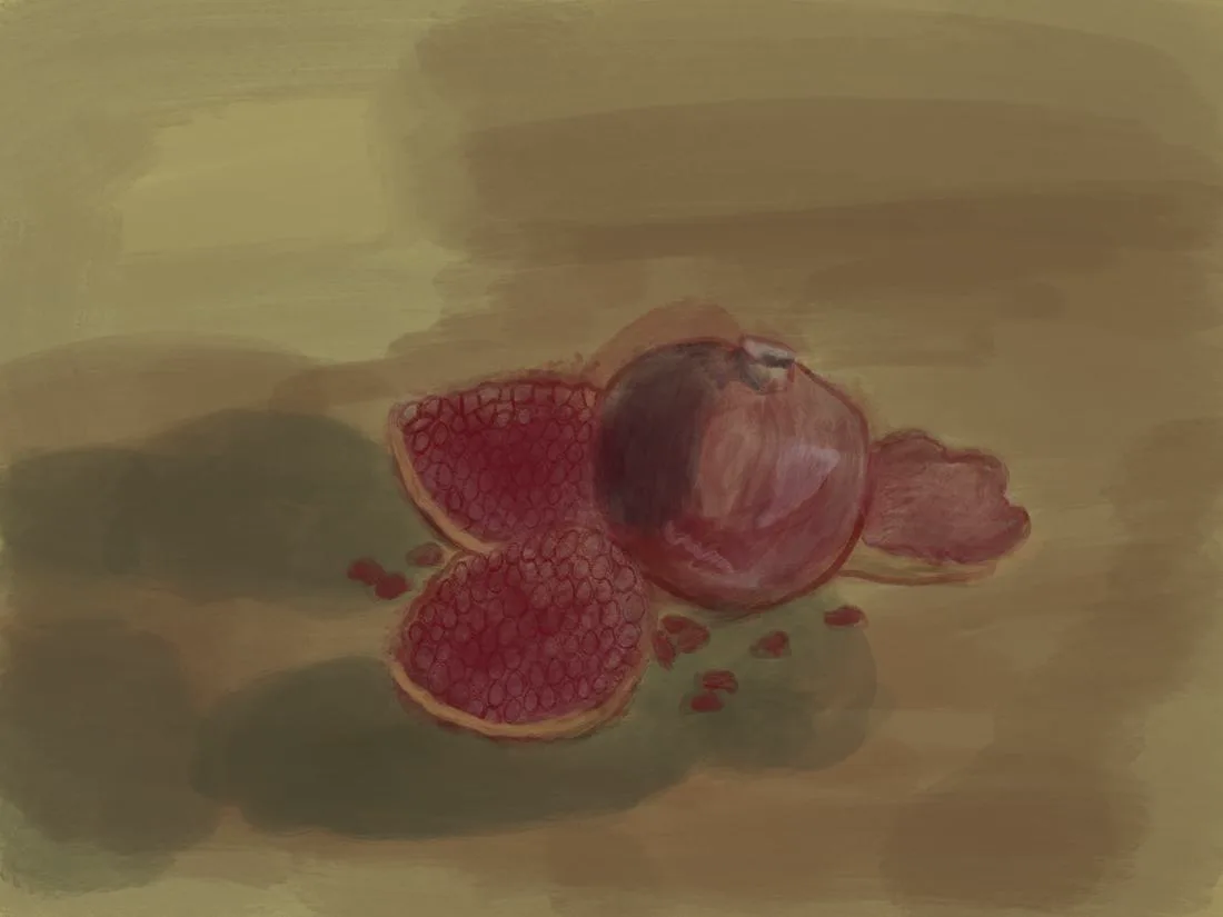A pomegranate painted in soft reds, broken open with seeds spilling