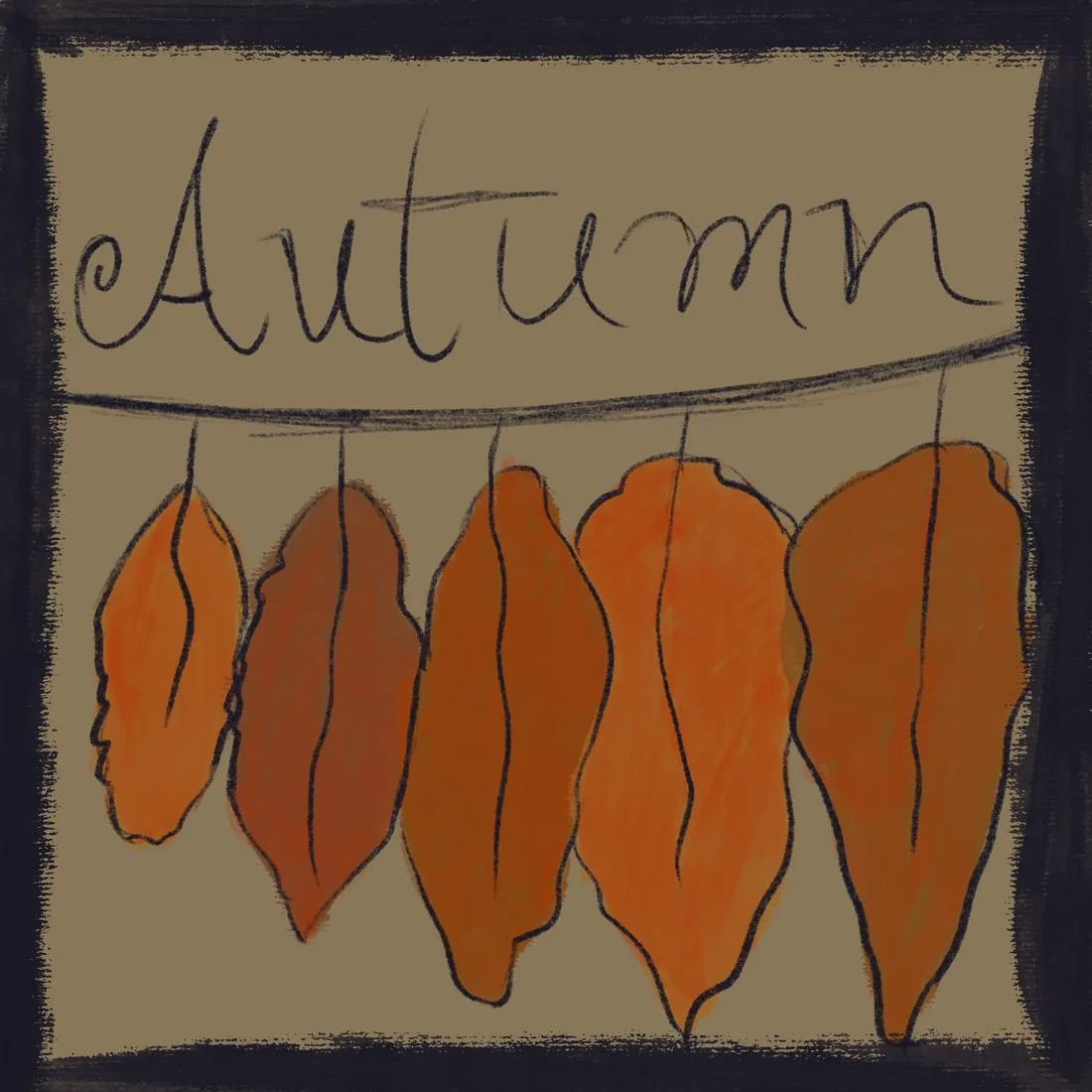 Five orange leaves hanging from a line, lettered Autumn