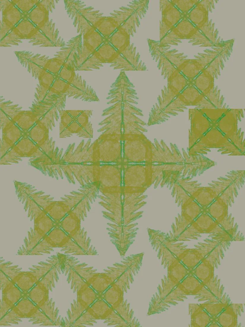 A pale green and yellow repeating pattern of fir trees and crossed diamonds