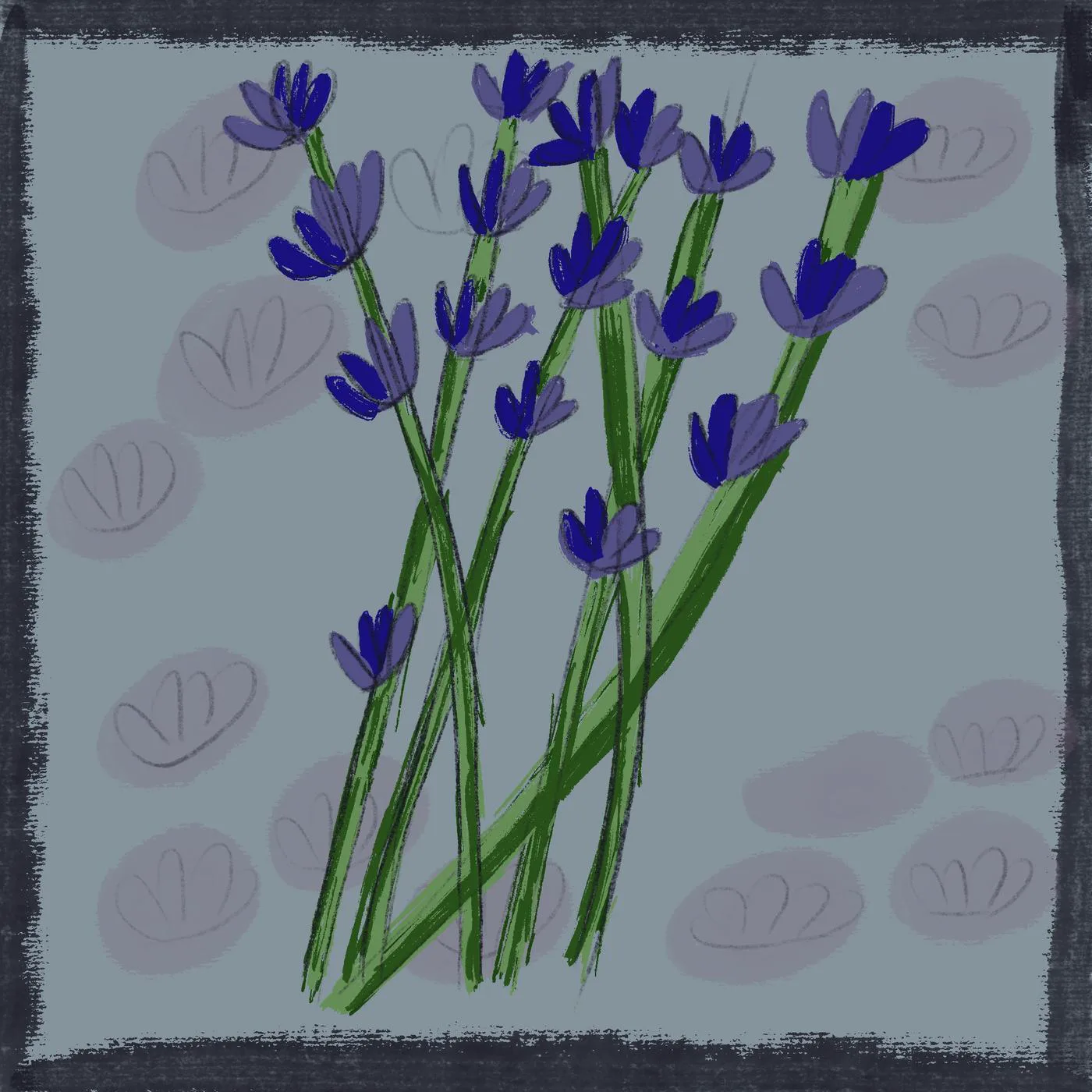 Blue lavender stems on a pale blue ground with a chalky dark border