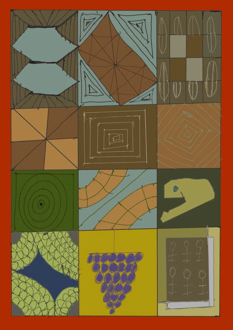A grid of twelve small hand-drawn pattern studies inside a red border