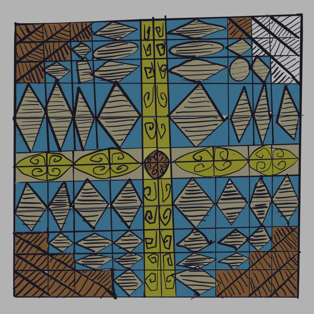 A blue, brown and olive geometric grid of diamonds and spirals