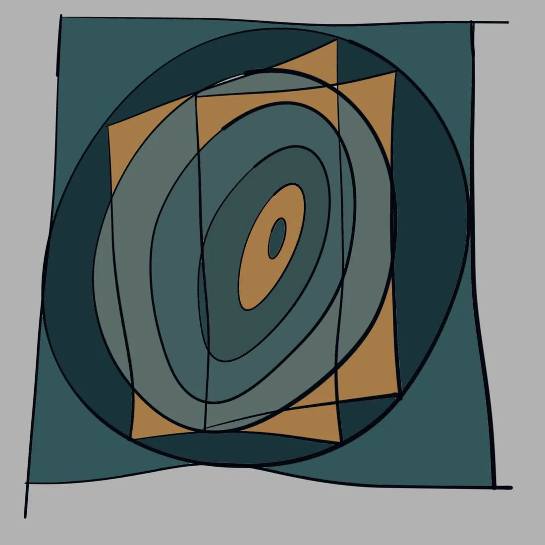Concentric teal ovals inside a wobbly square with orange corners