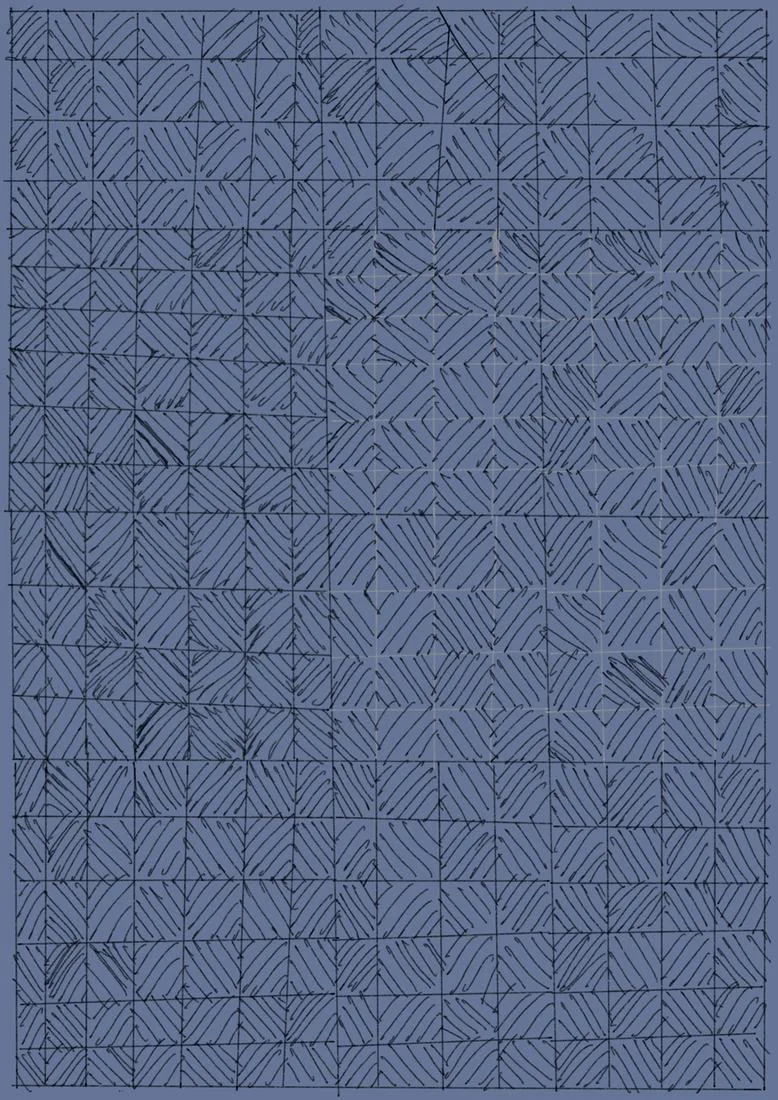 A dense blue grid filled with hand-hatched pen strokes