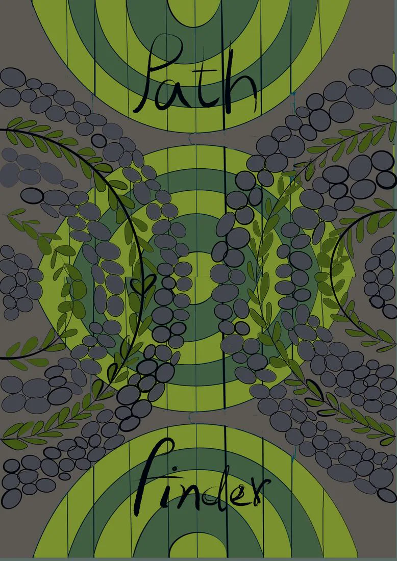 Concentric green rings with grey pebbles and leaves, titled Path Finder