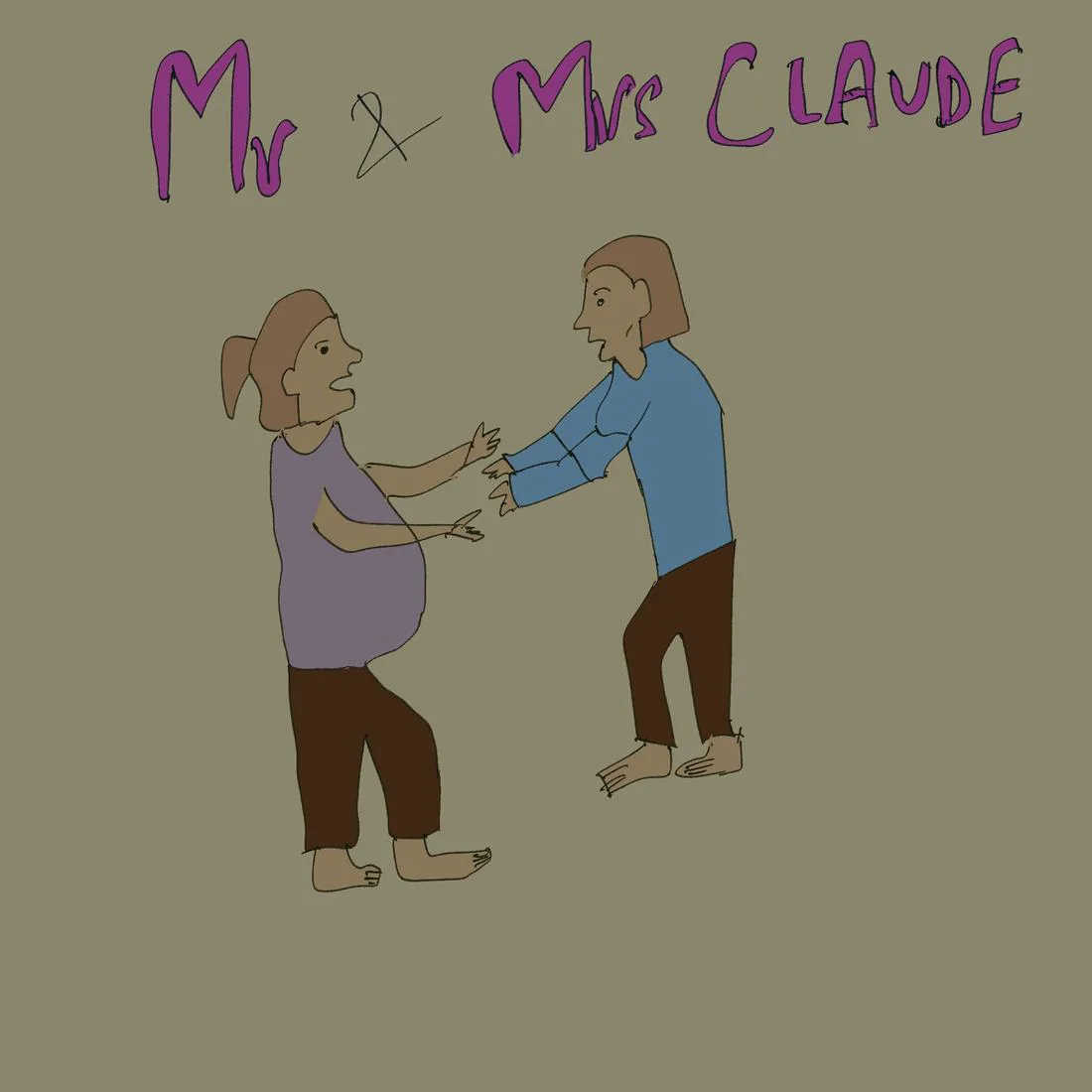 Two figures reaching towards each other, titled Mr and Mrs Claude