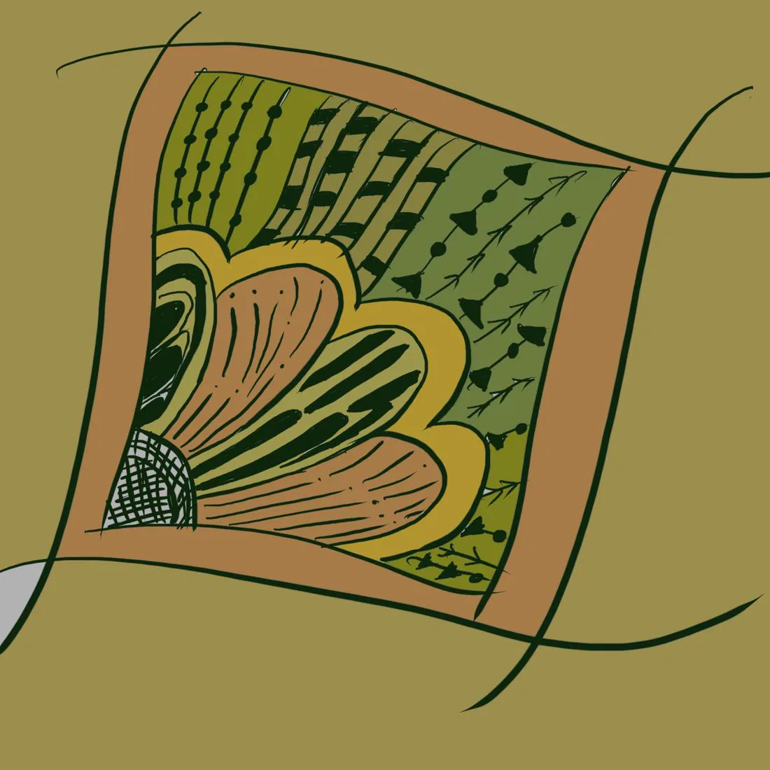 A green and orange square panel of petals, stripes and small motifs