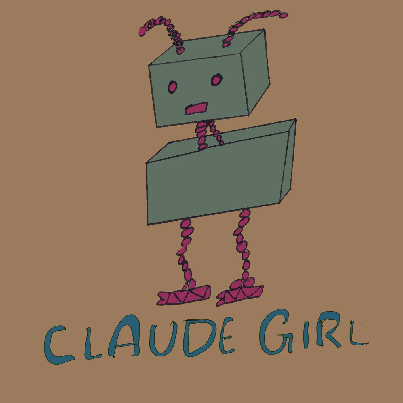 A green box robot with pink spring arms and legs, labelled Claude Girl