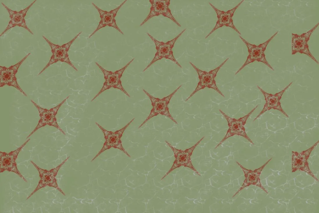 Coral four-pointed stars on a soft green rippled ground
