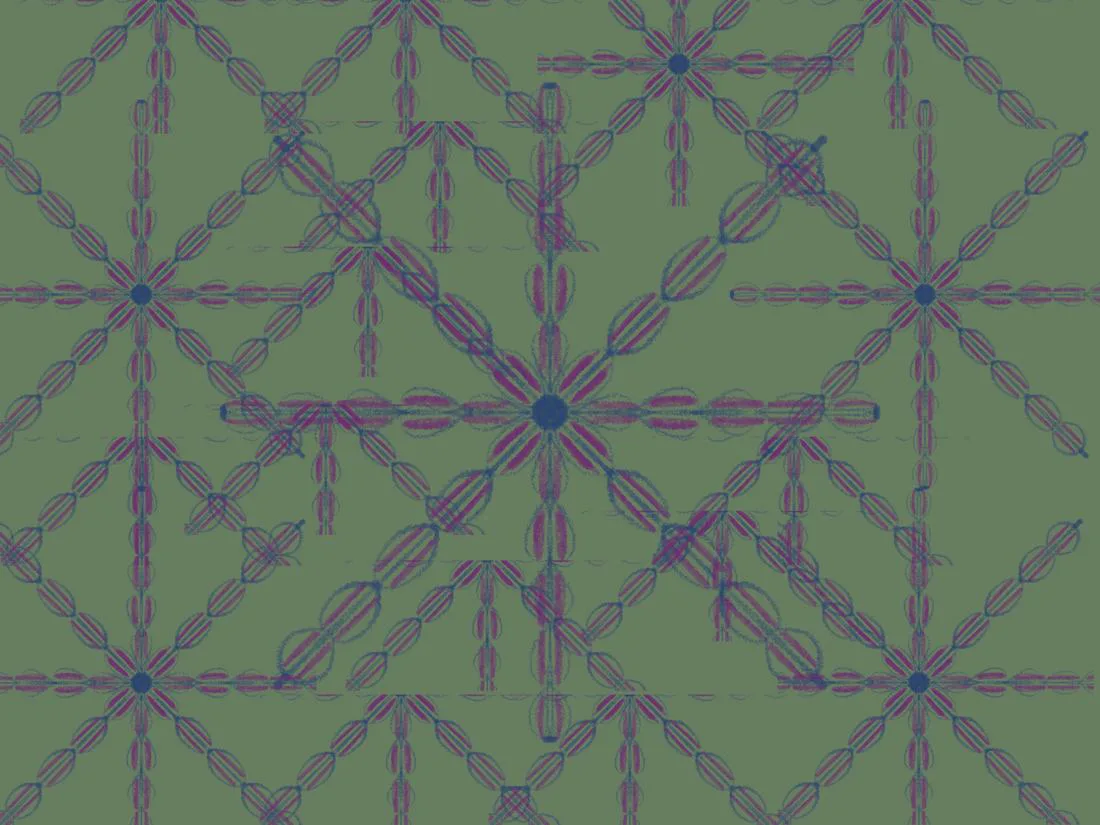 A lattice of magenta and blue petal shapes on sage green