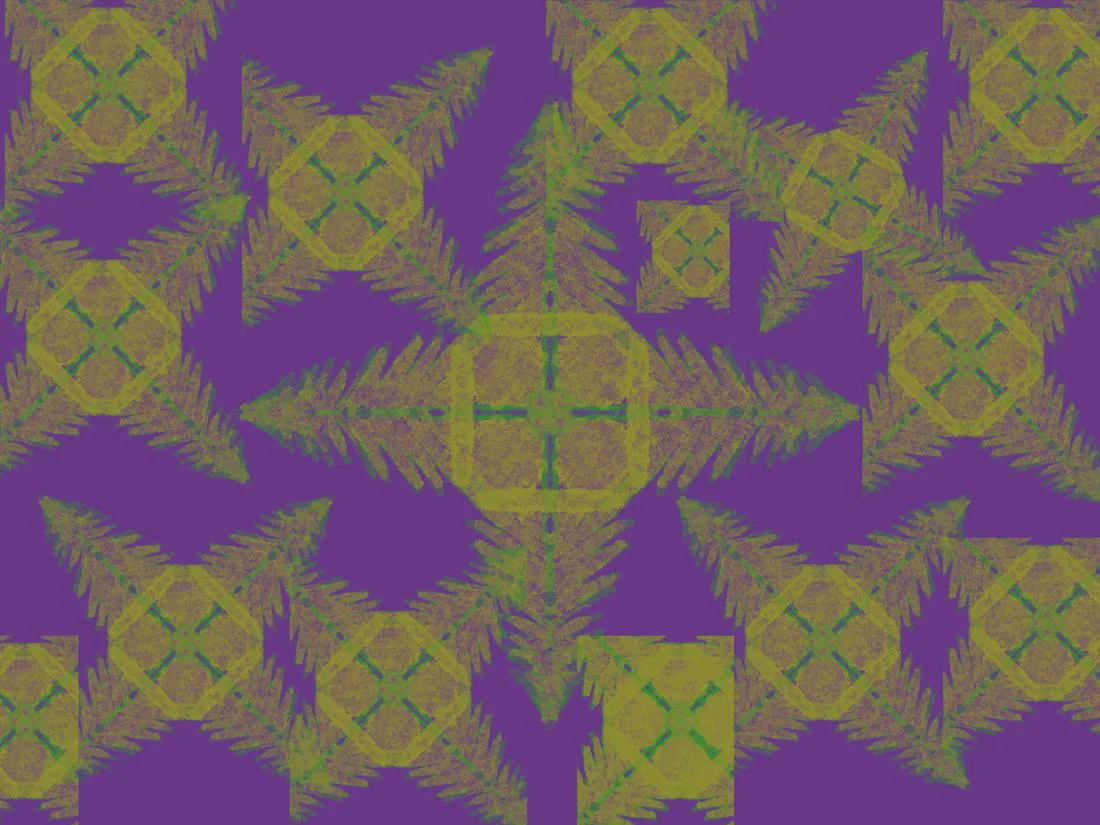 Yellow-green fir trees and crossed diamonds repeating on violet