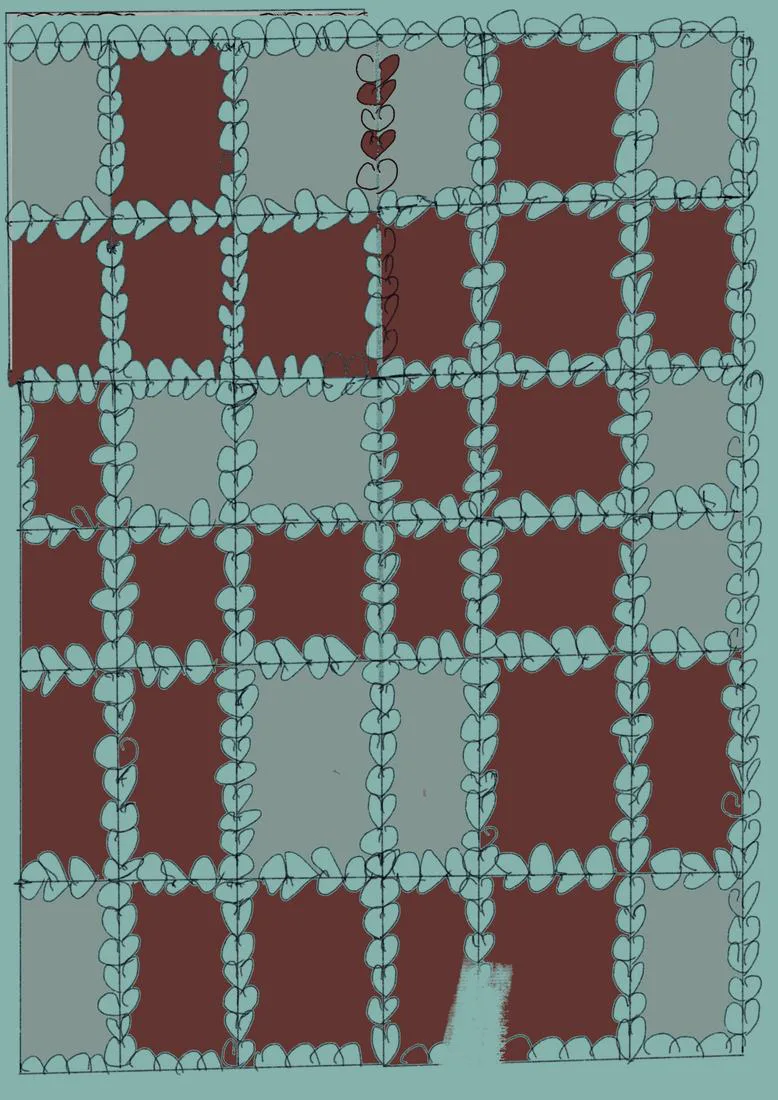 A grid of leafy vines in pale blue over red and grey squares
