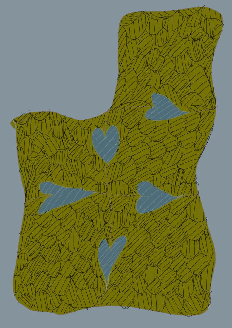 An olive scallop-patterned shape with pale blue hearts on light blue