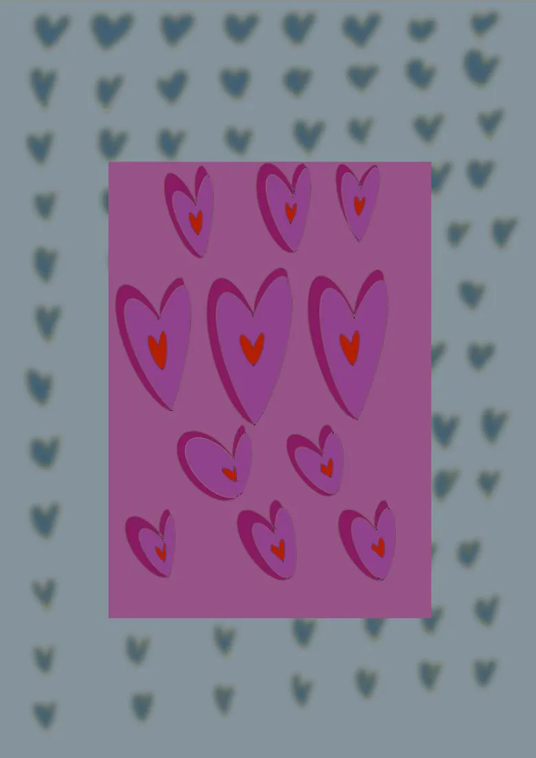 Pink outlined hearts on a pink panel over faded blue hearts