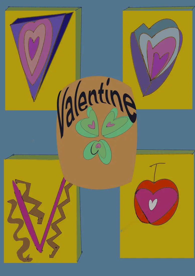Four yellow panels of layered hearts around a central orange oval lettered Valentine