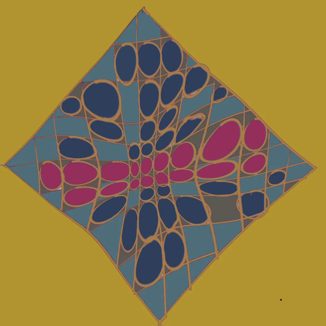 A yellow diamond filled with pink and blue ovals in an orange net