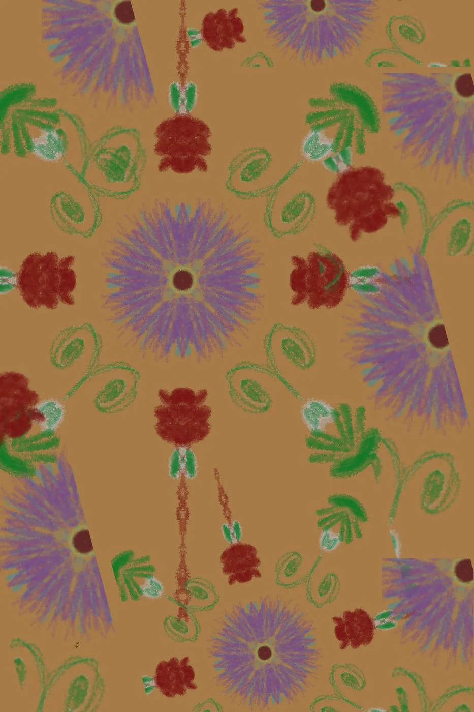 Red and purple folk flowers with green leaves on a warm orange ground