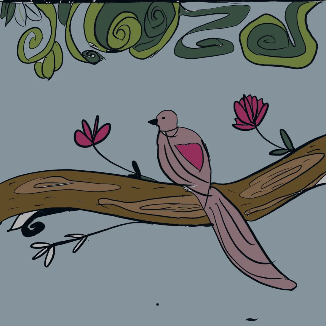 A pink long-tailed bird on a branch with magenta flowers