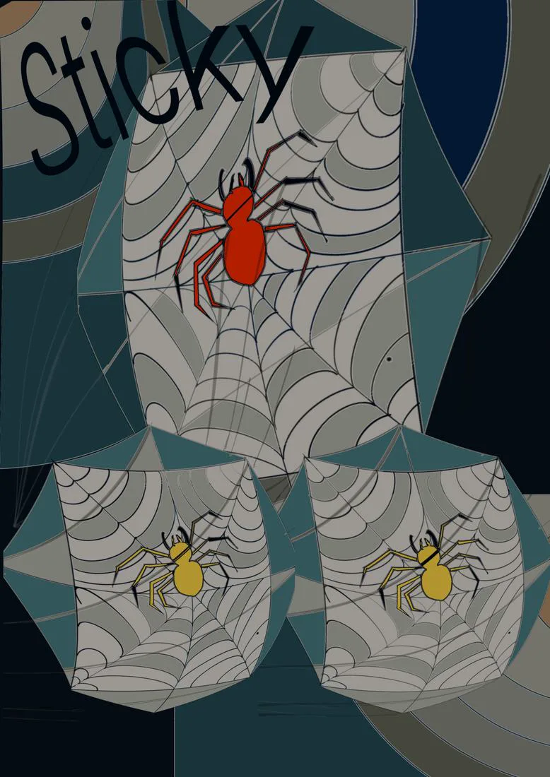 A red spider and two yellow spiders on white webs, titled Sticky