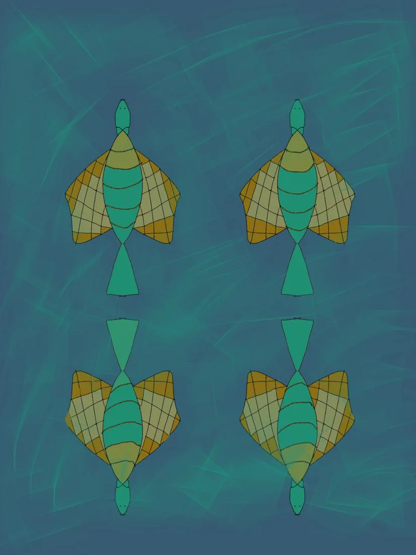 Four symmetrical green and gold winged fish on a blue ground