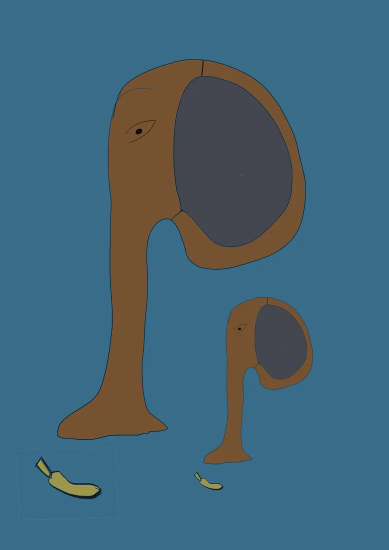 Two tall brown long-necked creatures beside small yellow bananas