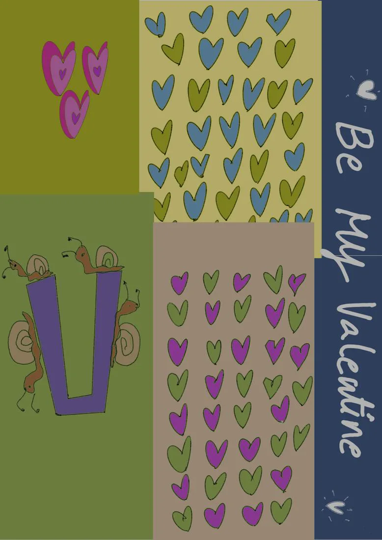 Snails climbing a purple letter V among panels of hearts
