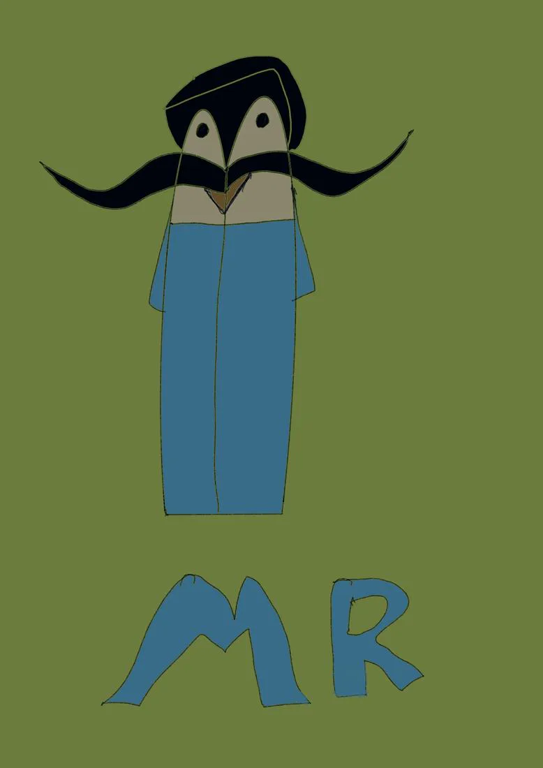 A blue figure with a large black moustache on green, labelled MR