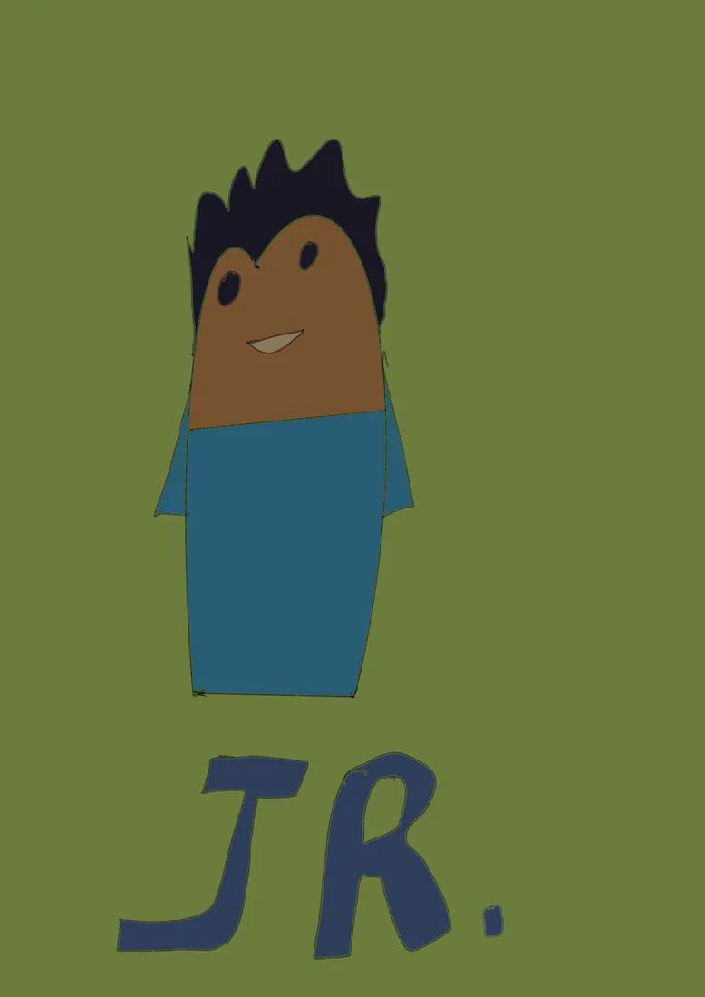 A boy with spiky black hair in a blue shirt on green, labelled JR