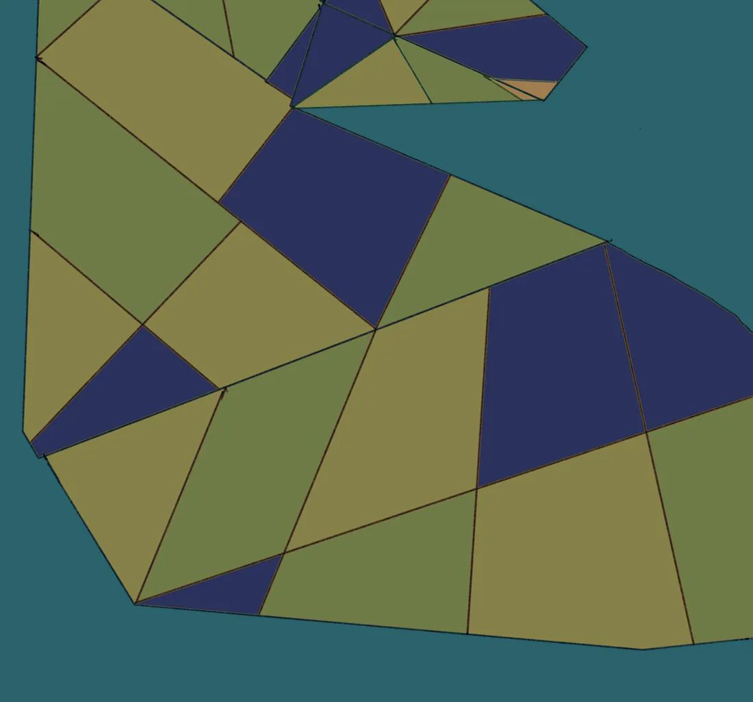 Interlocking olive, blue and yellow polygons on teal