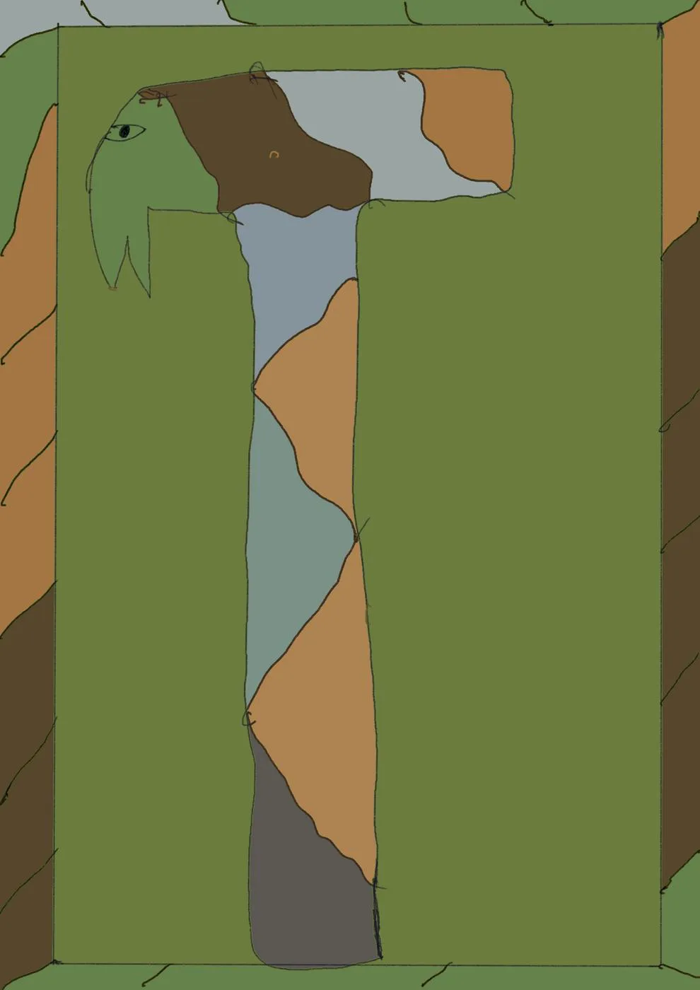 A giraffe drawn in the shape of the letter T on a green ground