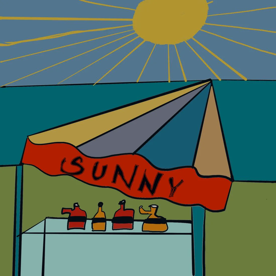 A striped beach parasol over a table of bottles by the sea, lettered Sunny