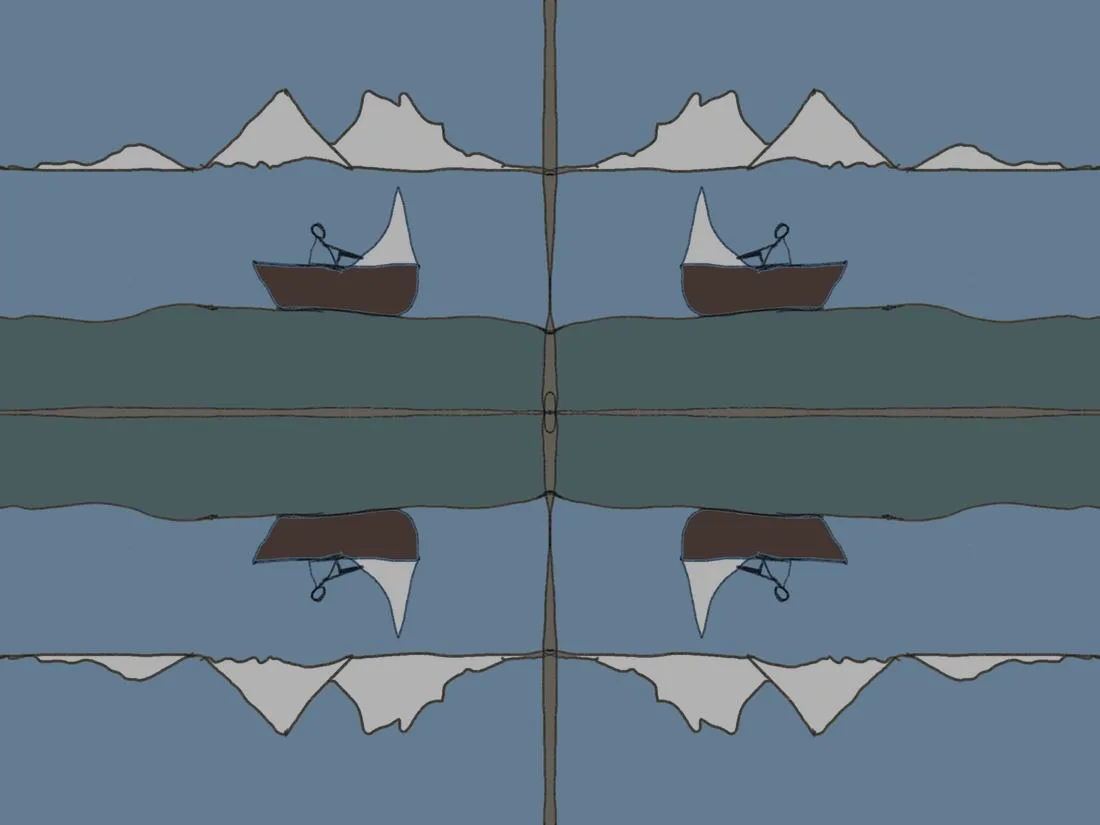 Small brown sailing boats mirrored above and below a green sea band, with white mountains