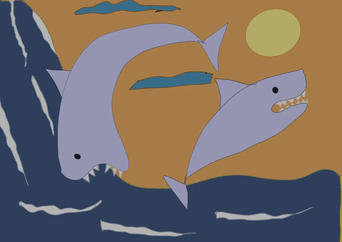 Two pale sharks with open jaws against an orange sky and dark blue sea