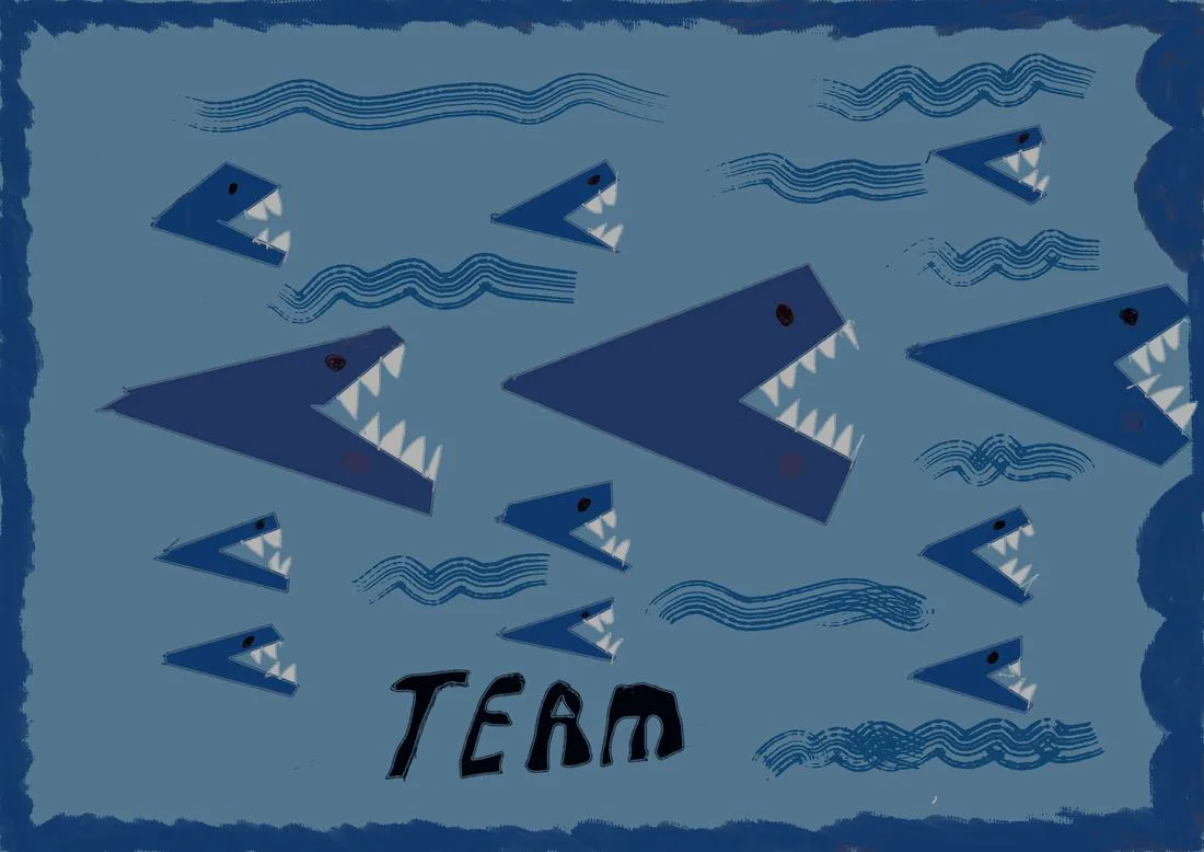 Many blue shark heads with white teeth among wave lines, lettered TEAM