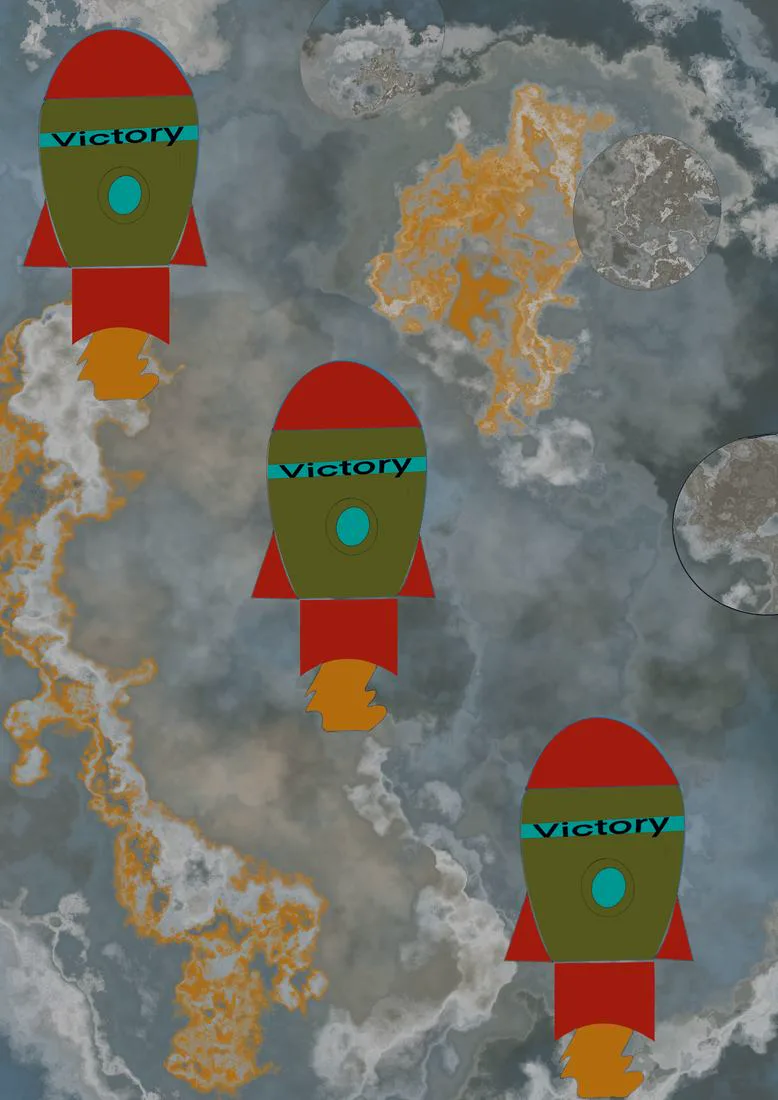 Three rockets lettered Victory climbing through pale cloud and orange flame