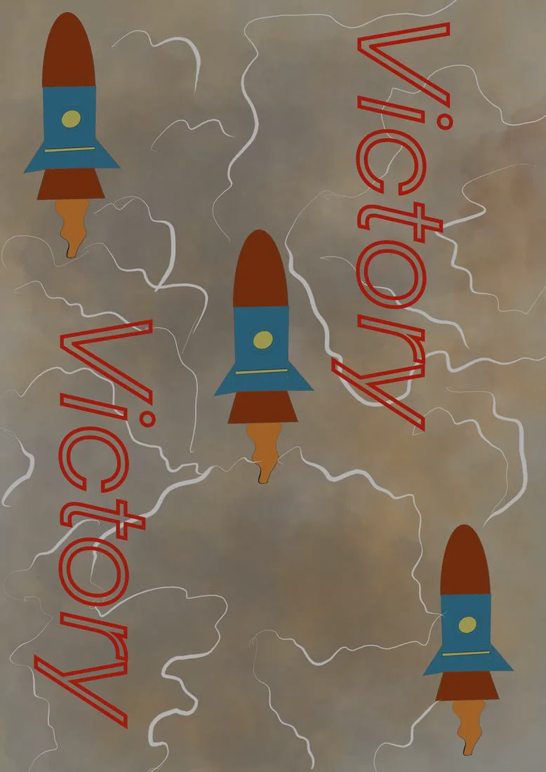 Three rockets rising through tan cloud with the word Victory in red outline
