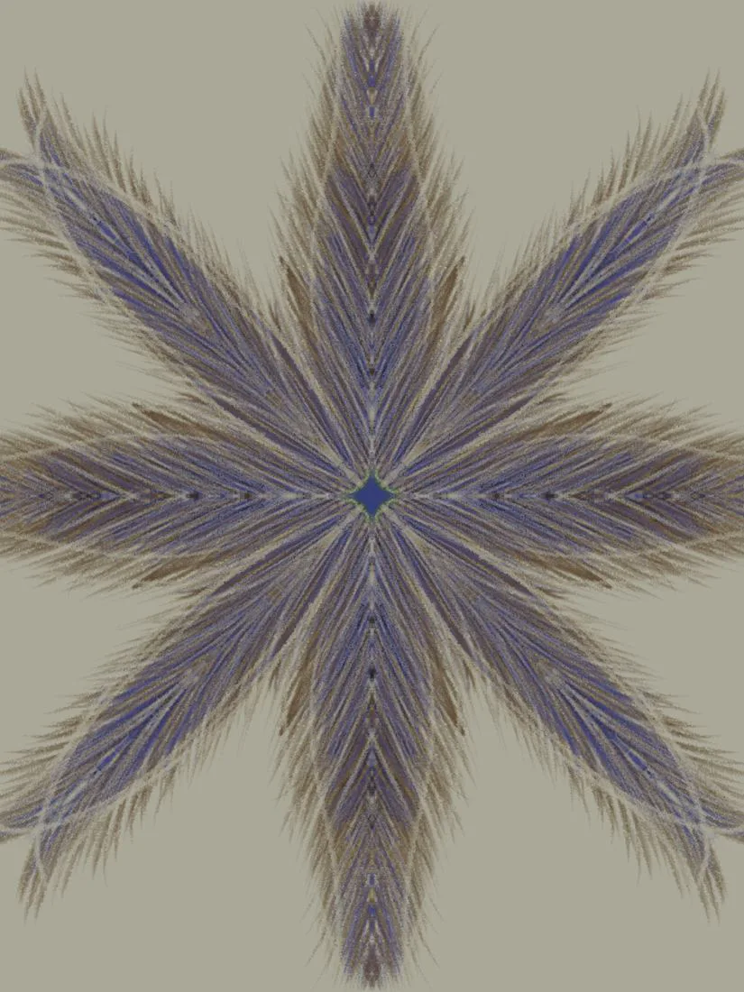 A six-pointed star of brown and violet feathered strokes on cream