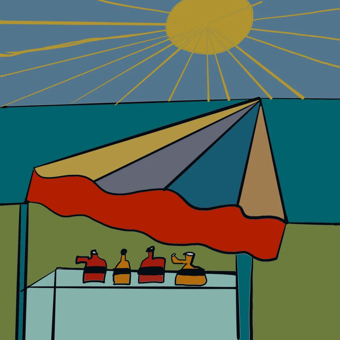 The striped parasol and drinks table under a bright sun by a green shore