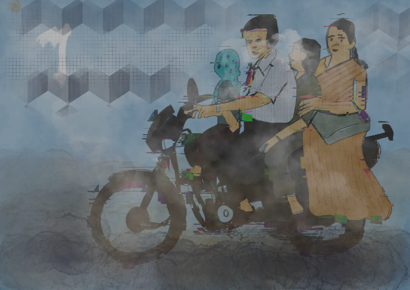 A family of four riding one motorcycle through mist, rendered with glitched colour