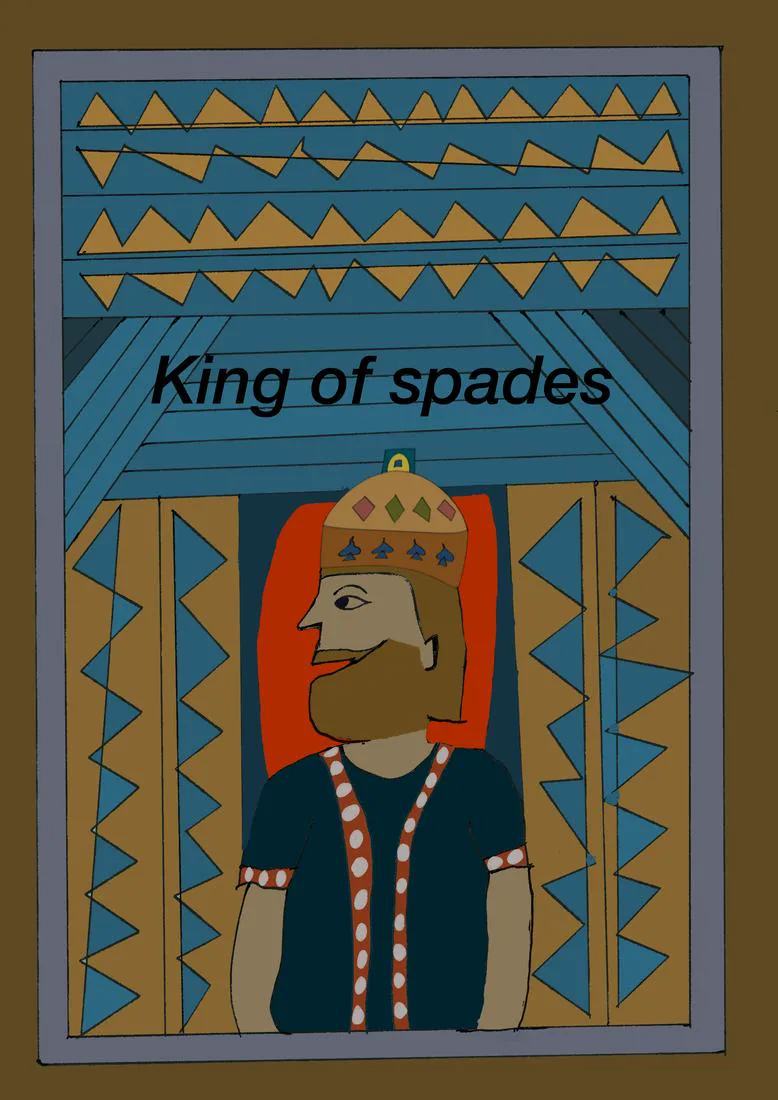 A bearded king in a patterned cap beneath blue and gold chevrons, titled King of Spades