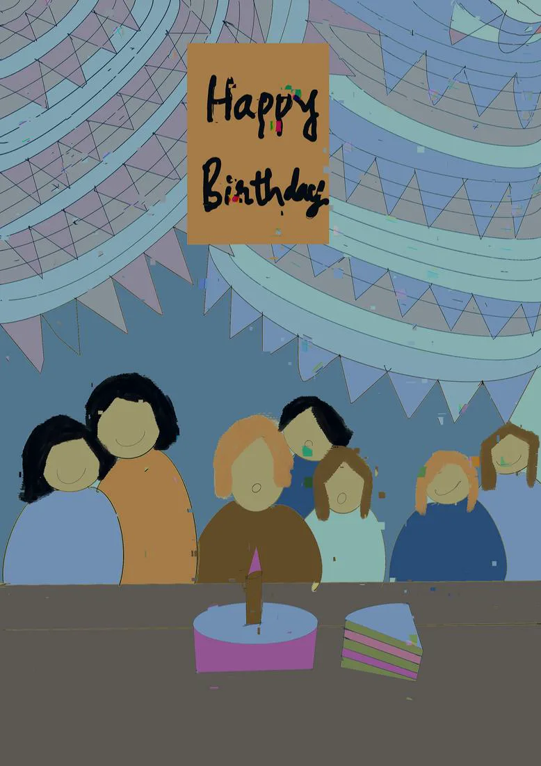 A birthday scene with bunting, a cake with one candle and a crowd of smiling people