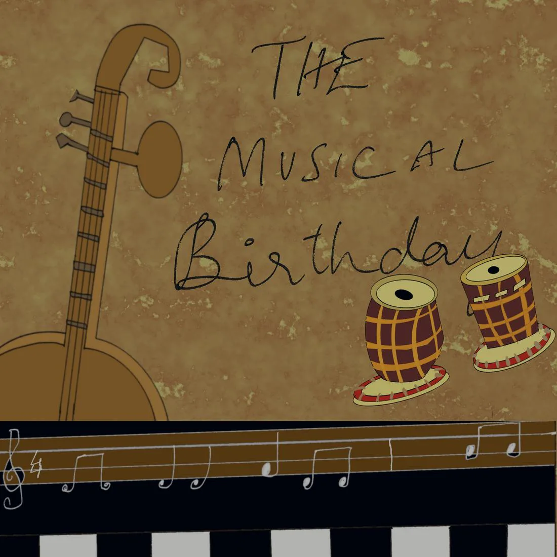 A sitar and a pair of tabla drums on a gold ground, lettered The Musical Birthday