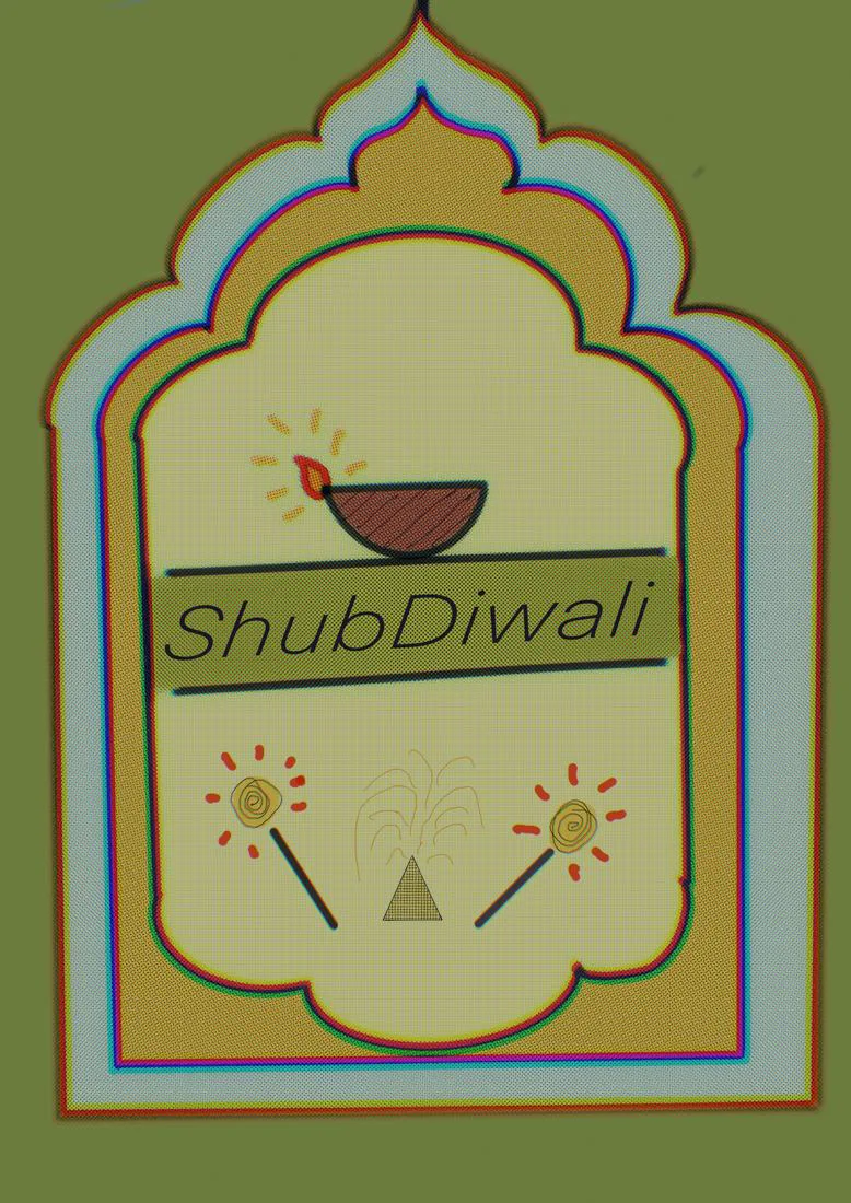 An arched frame holding a lit diya lamp and sparklers, lettered Shub Diwali