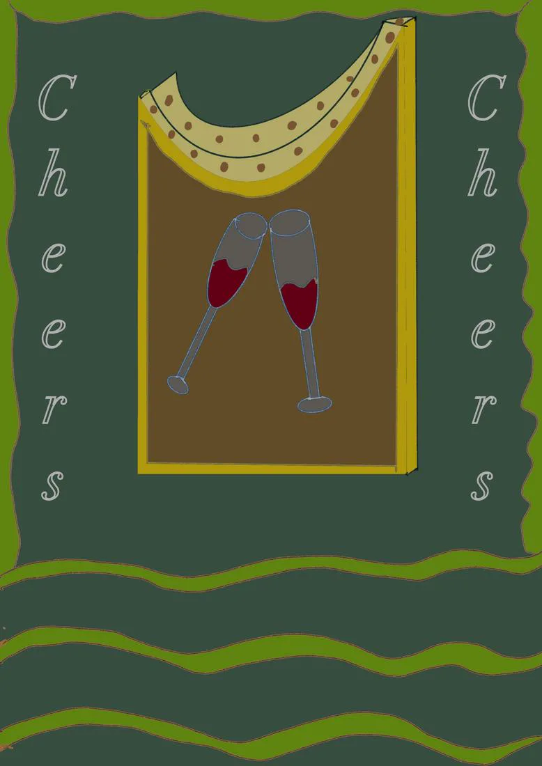 Two glasses of red wine under a yellow spotted canopy, lettered Cheers