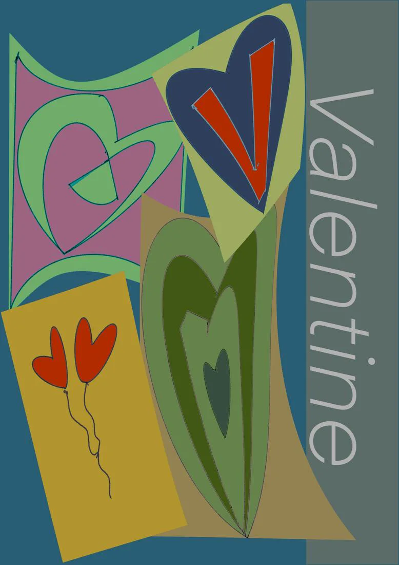 Overlapping hearts in green, blue and orange with balloons, lettered Valentine