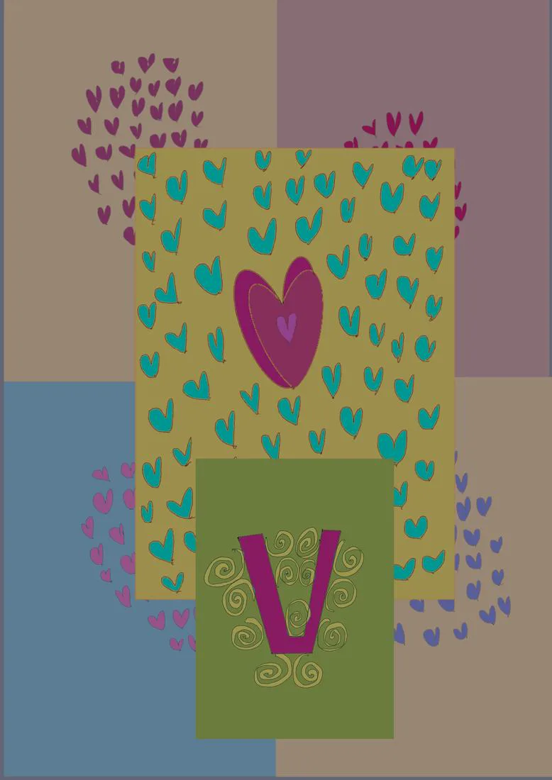 Panels of hearts in teal, pink and green around a large letter V
