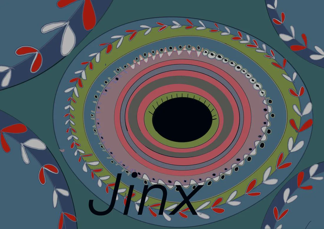 A large ringed eye surrounded by red and white leaves, titled Jinx